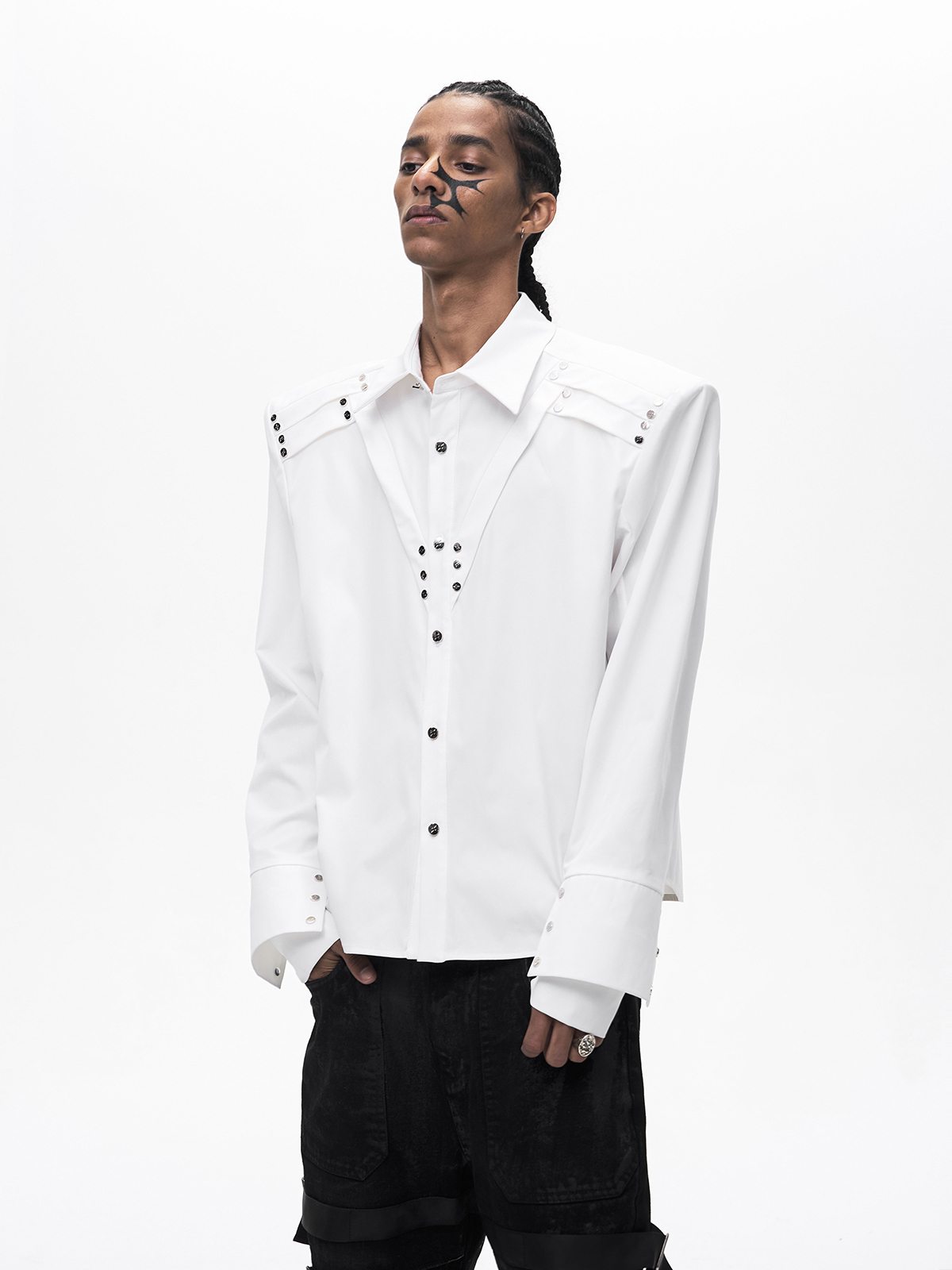 RIVET DOUBLE CUFF SHIRT-WHITE