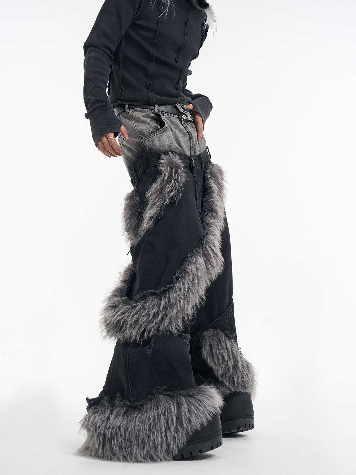 DOUBLE WAIST FUR SPIRAL WIDE LEG JEANS-START EXCEED END