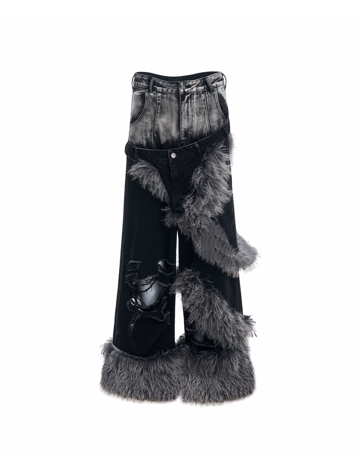 DOUBLE WAIST FUR SPIRAL WIDE LEG JEANS-START EXCEED END