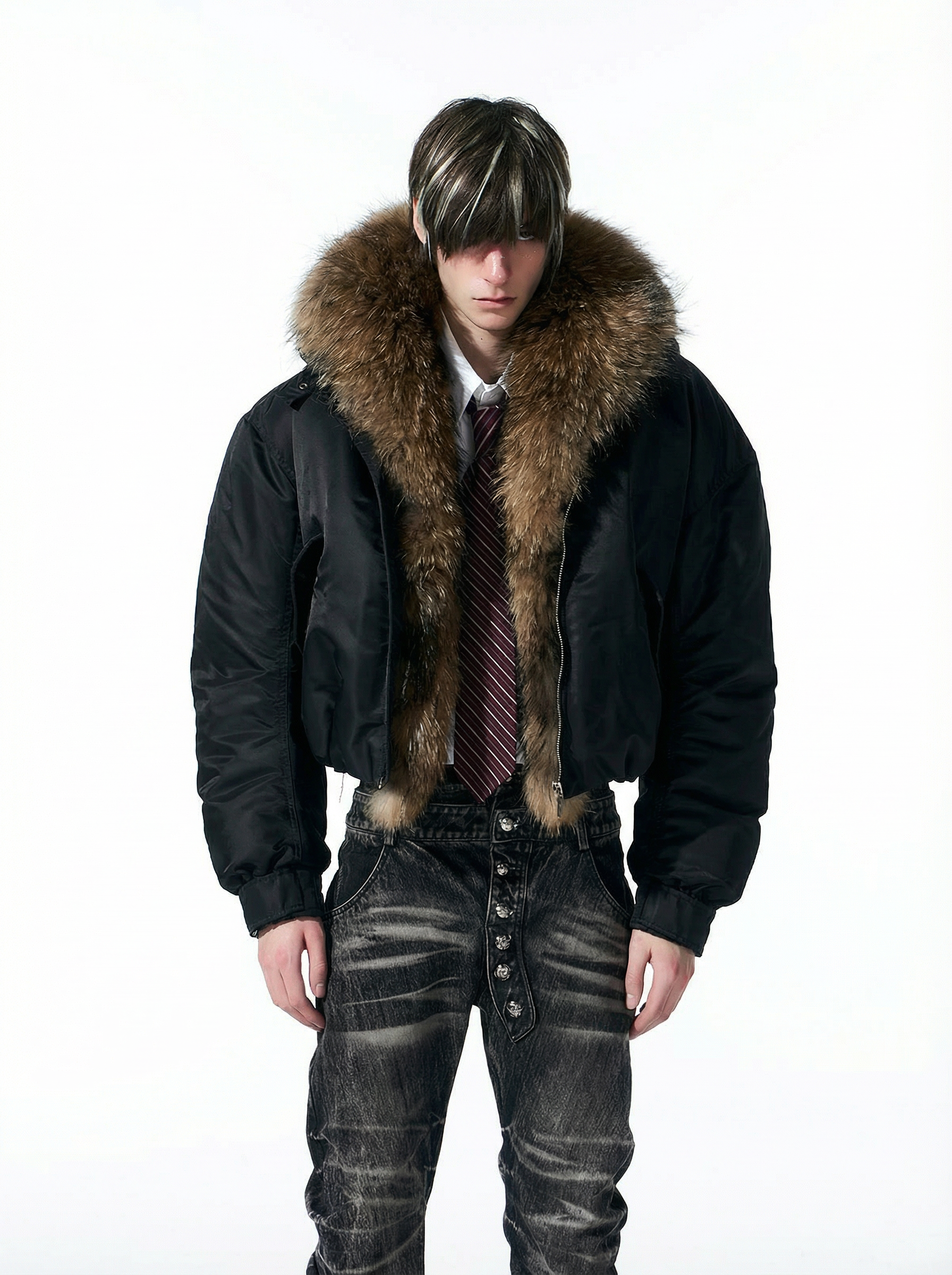 Luxe Detachable Fur Collar Down Bomber-Black