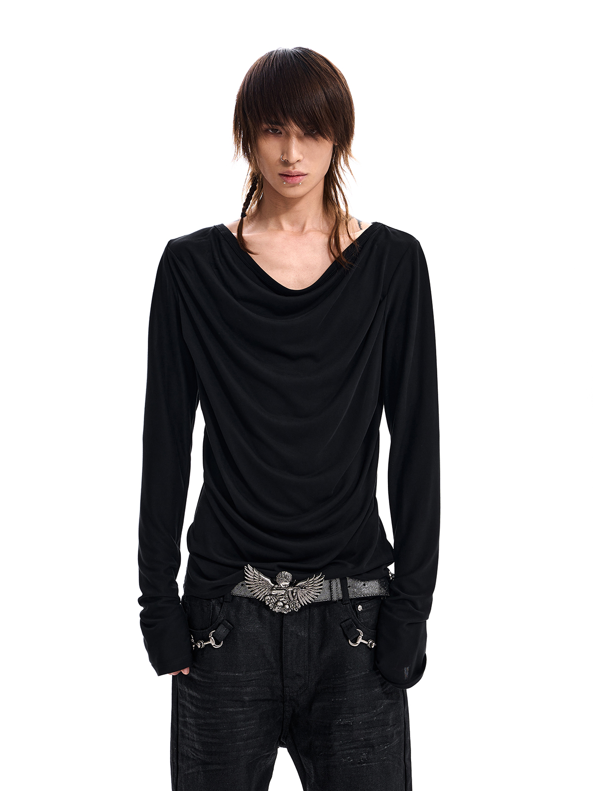 DRAPED NECK LONG SLEEVE TEE
