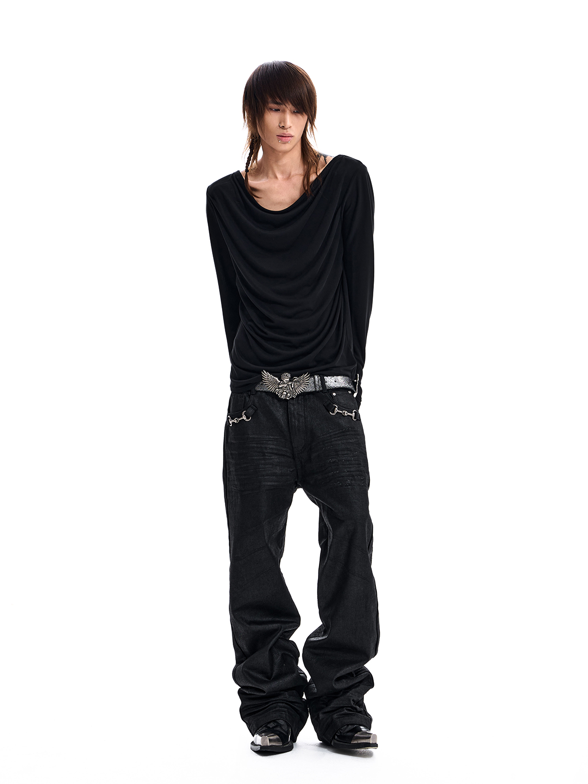 DRAPED NECK LONG SLEEVE TEE