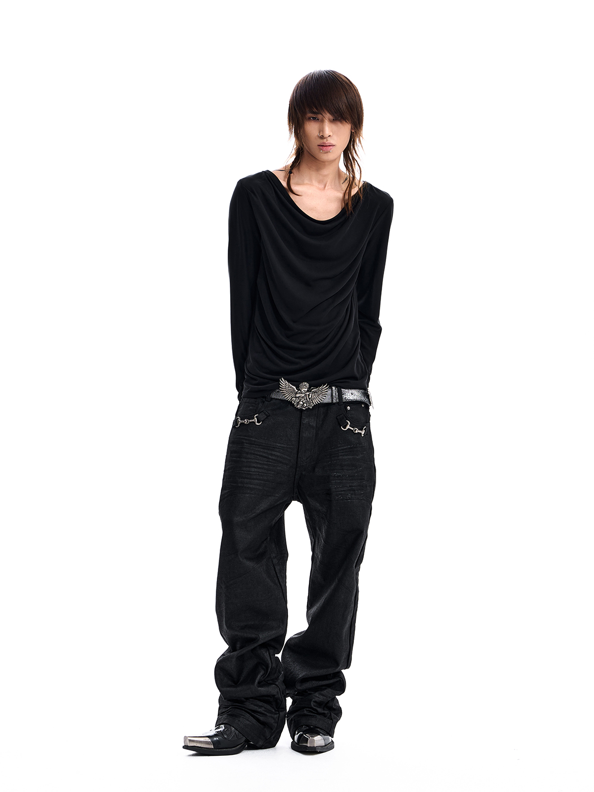 DRAPED NECK LONG SLEEVE TEE