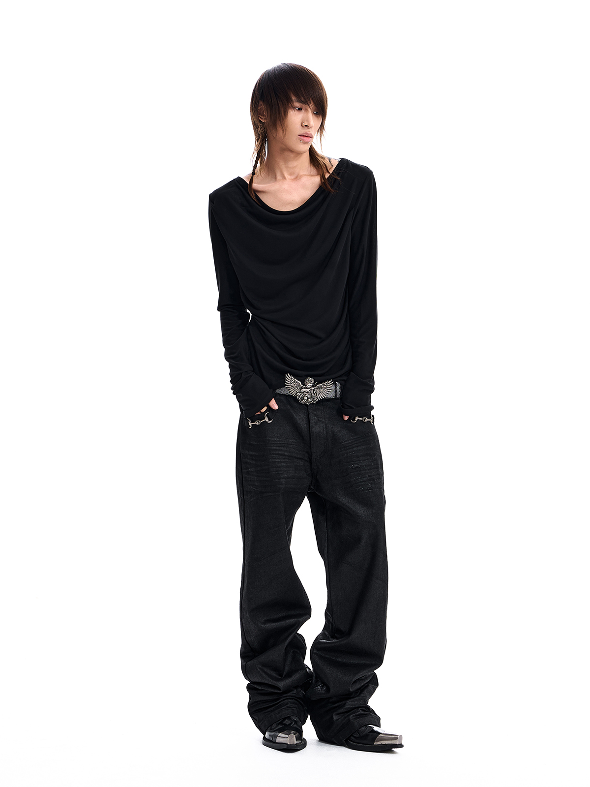 DRAPED NECK LONG SLEEVE TEE