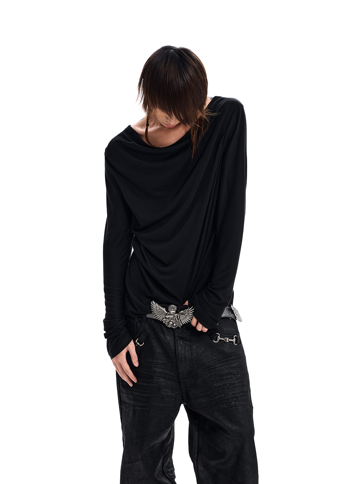 DRAPED NECK LONG SLEEVE TEE