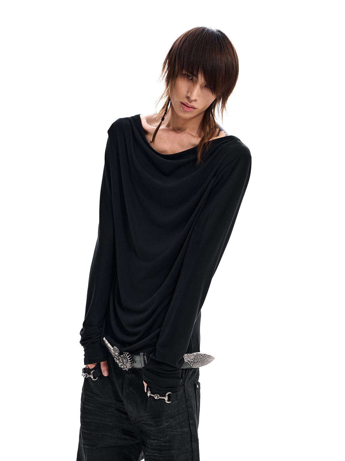 DRAPED NECK LONG SLEEVE TEE