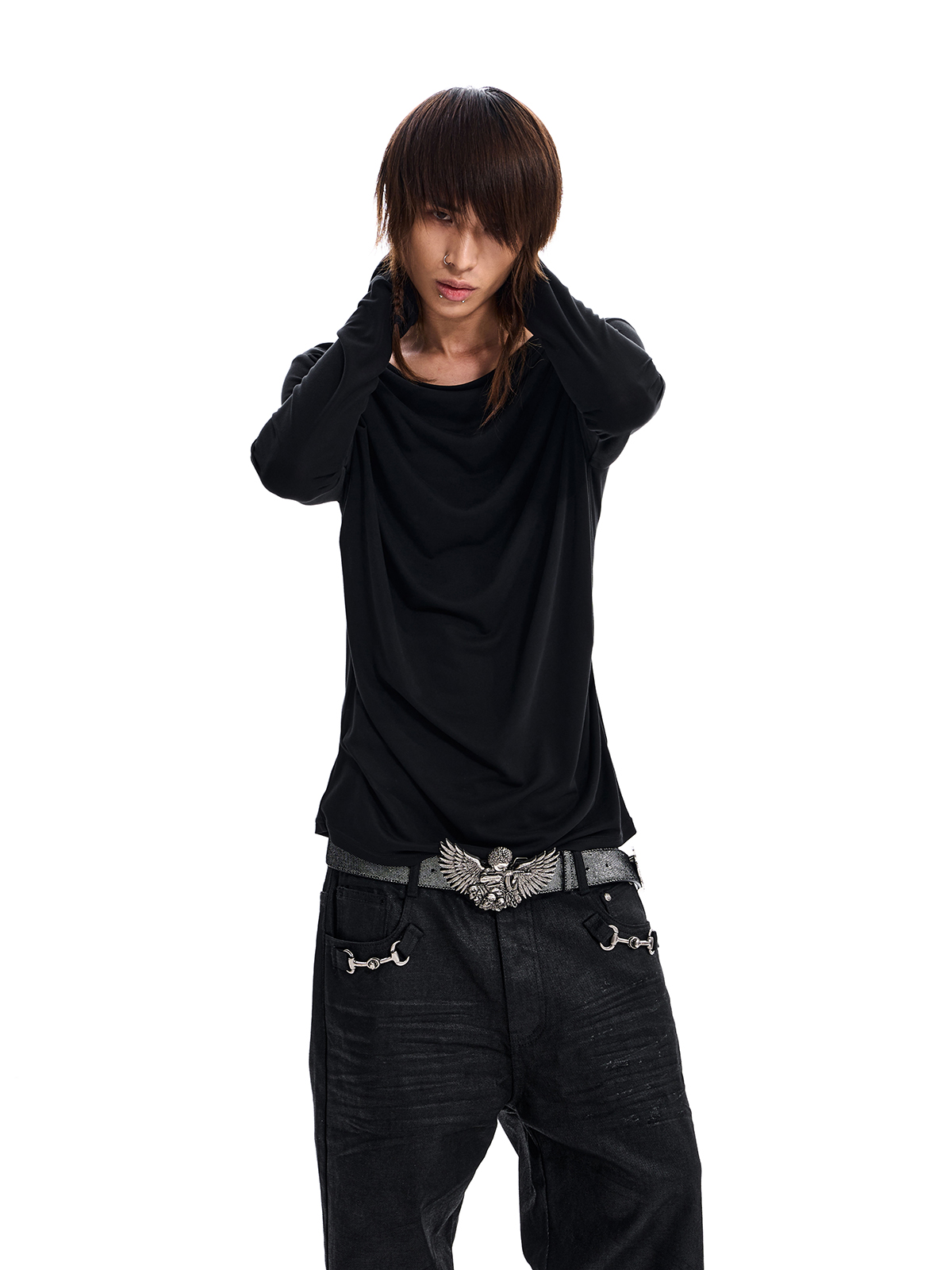 DRAPED NECK LONG SLEEVE TEE