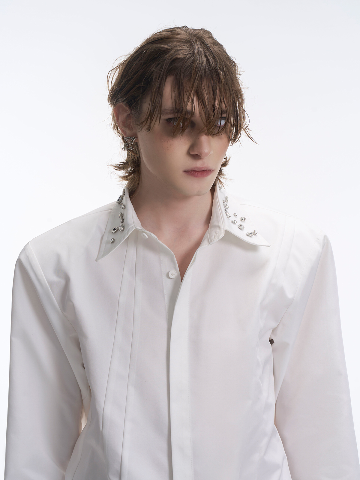 CRYSTAL COLLAR & CUFF CONCEALED PLACKET SHIRT - WHITE-START EXCEED END