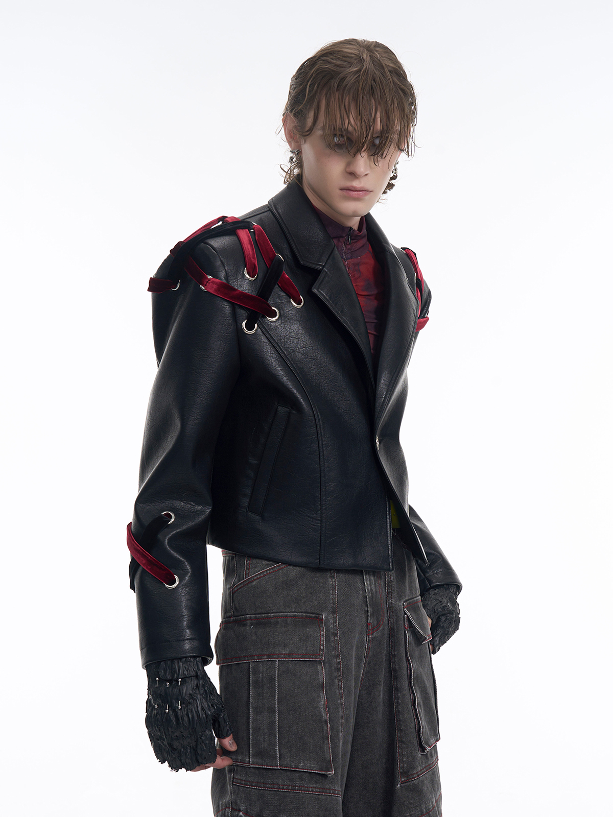 VELVET-LACED LEATHER BLAZER-START EXCEED END