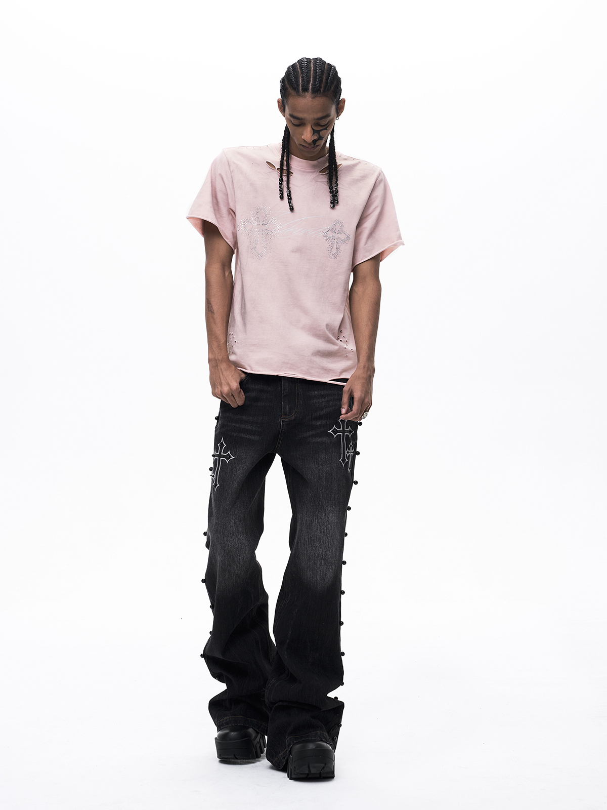 DECONSTRUCTED RHINESTONE CROSS MUD WASH TEE-PINK