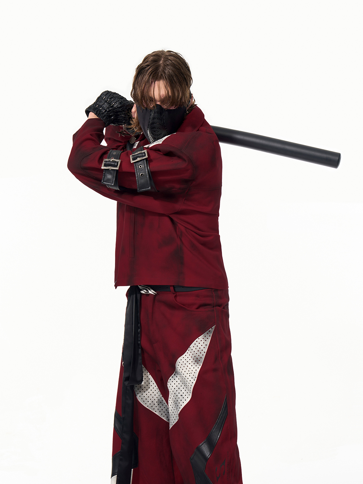 DISTRESSED RED CYBER-MOTO JACKET & PANTS SET-START EXCEED END