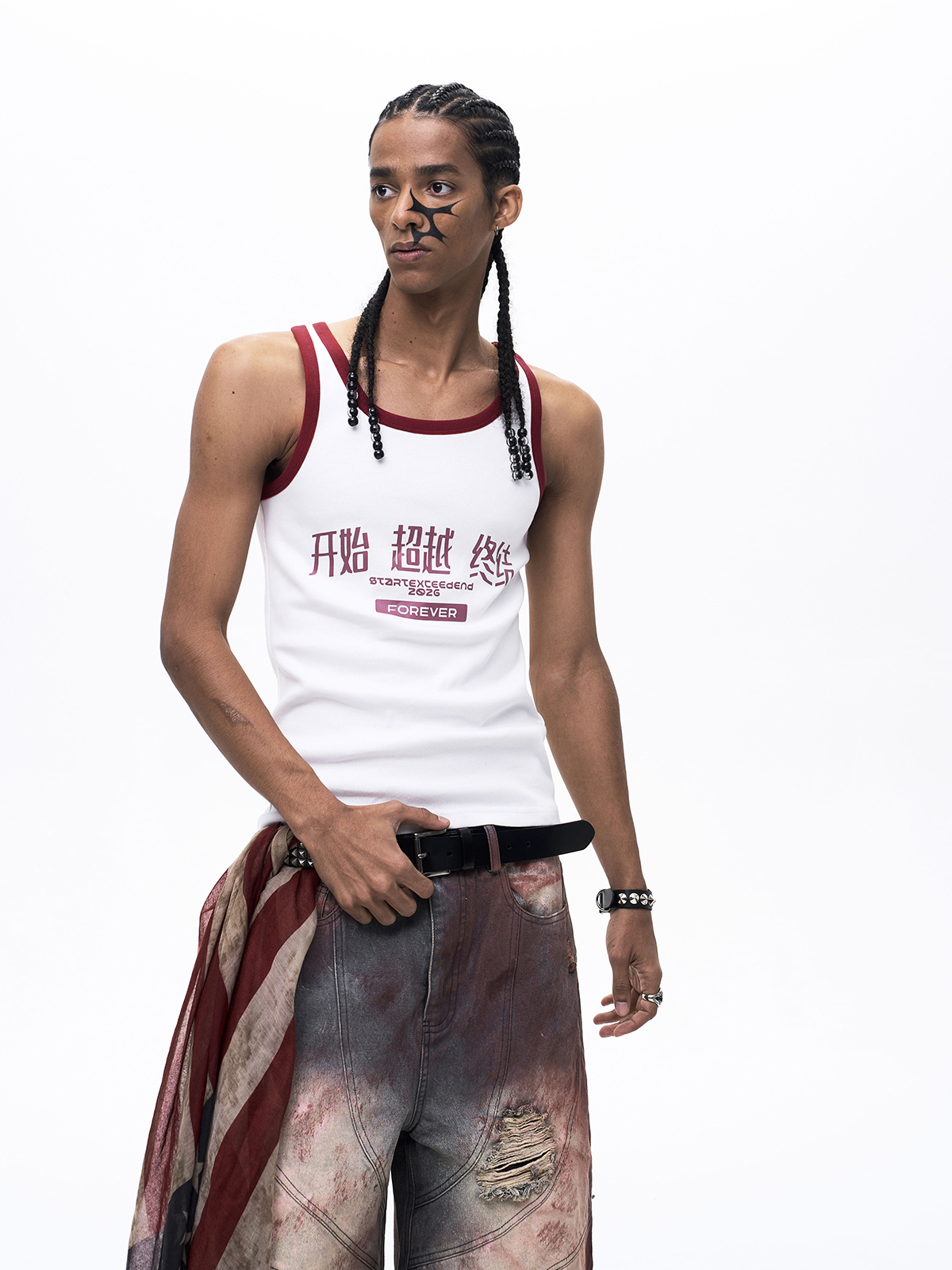 "START EXCEED END" GRAPHIC RINGER TANK TOP-WHITE/RED