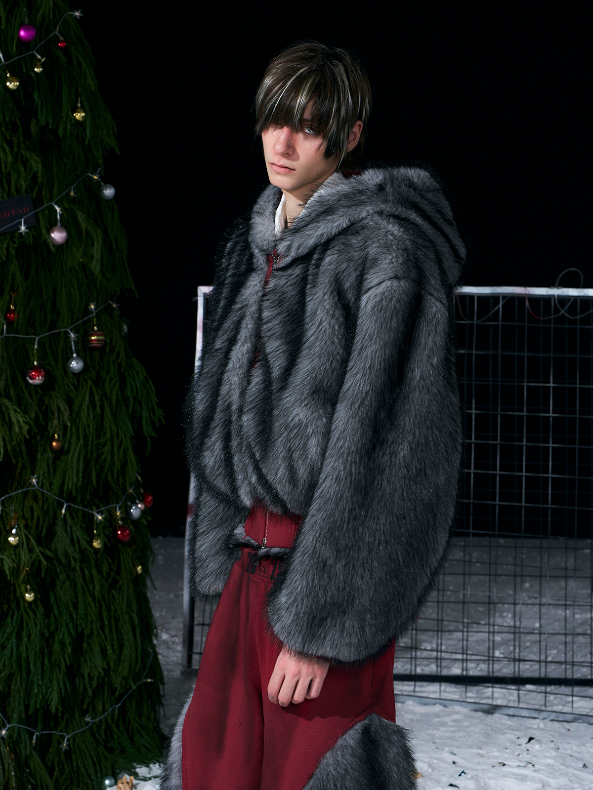 VINTAGE RED REVERSIBLE FUR HOODIE & FUR PANEL PANTS SET