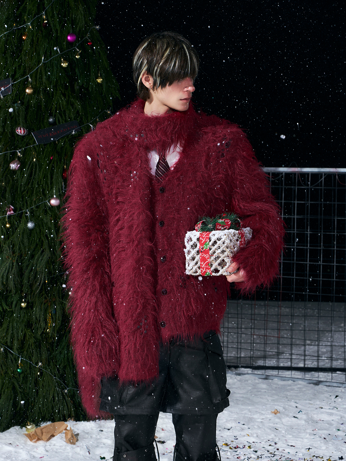 BURGUNDY RED FUZZY MOHAIR CARDIGAN & SCARF SET