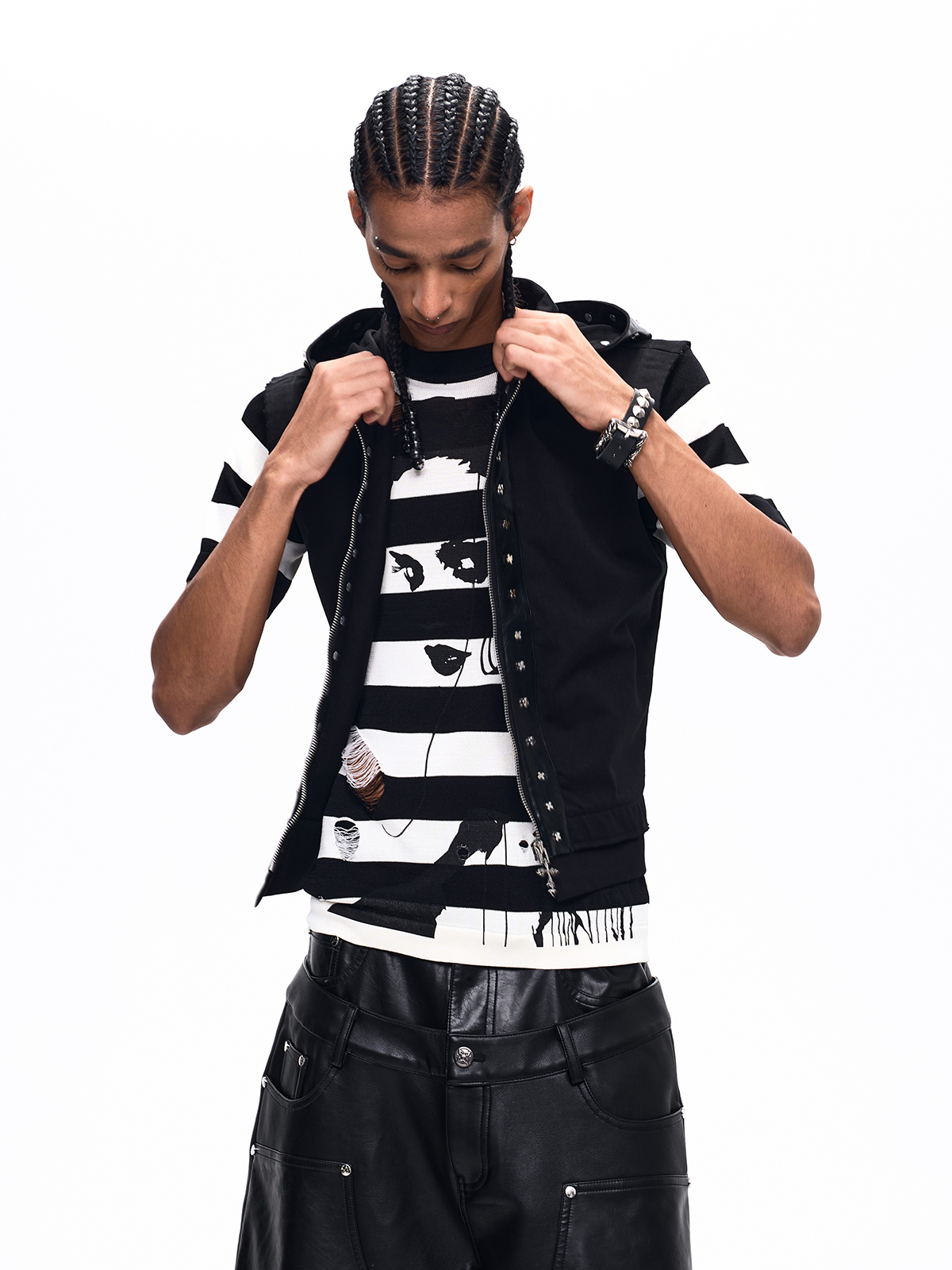 TUDDED CROSS LEATHER-PANEL HOODED VEST