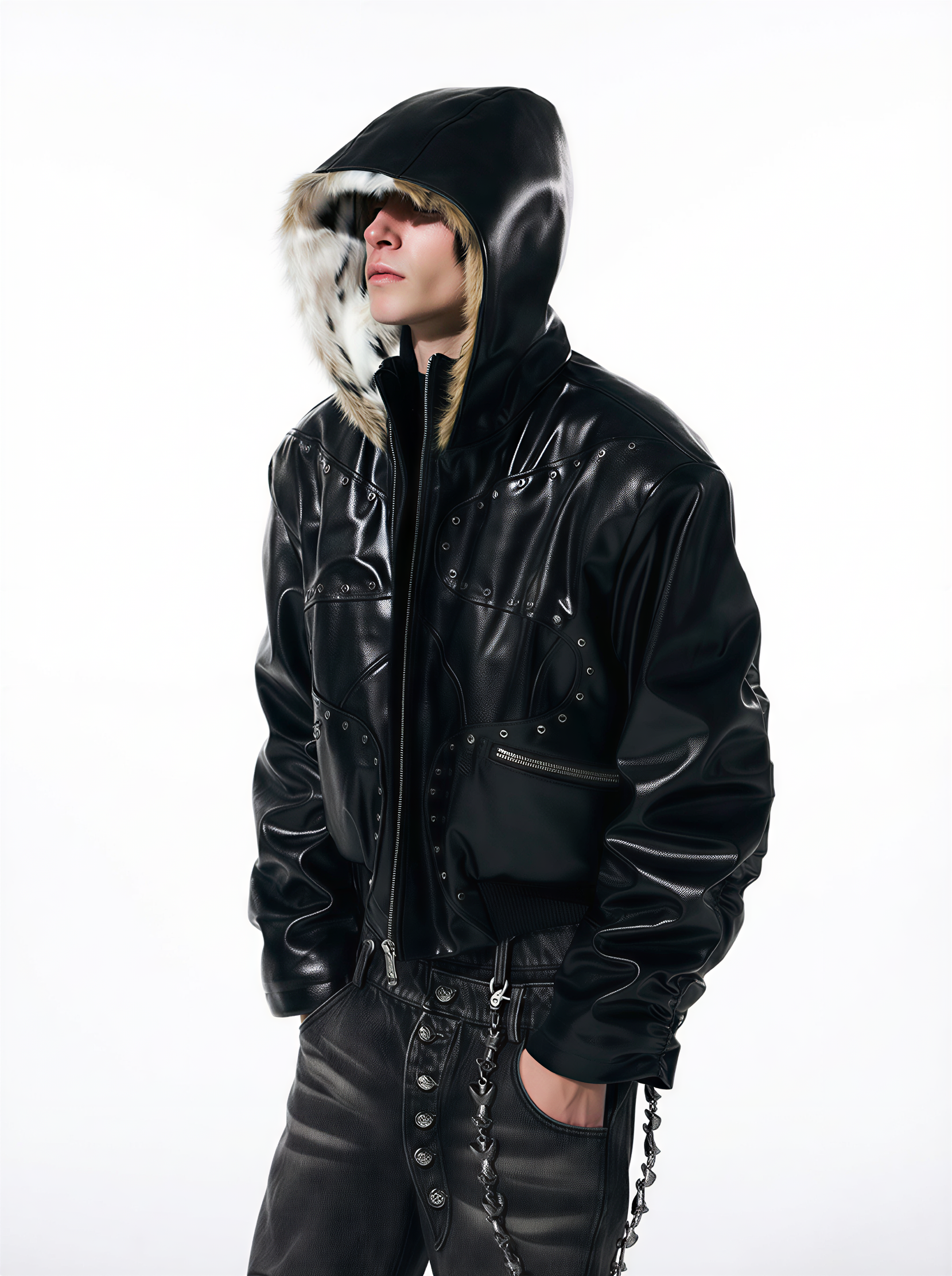 STUDDED FAUX LEATHER BOMBER WITH FUR-LINED HOOD