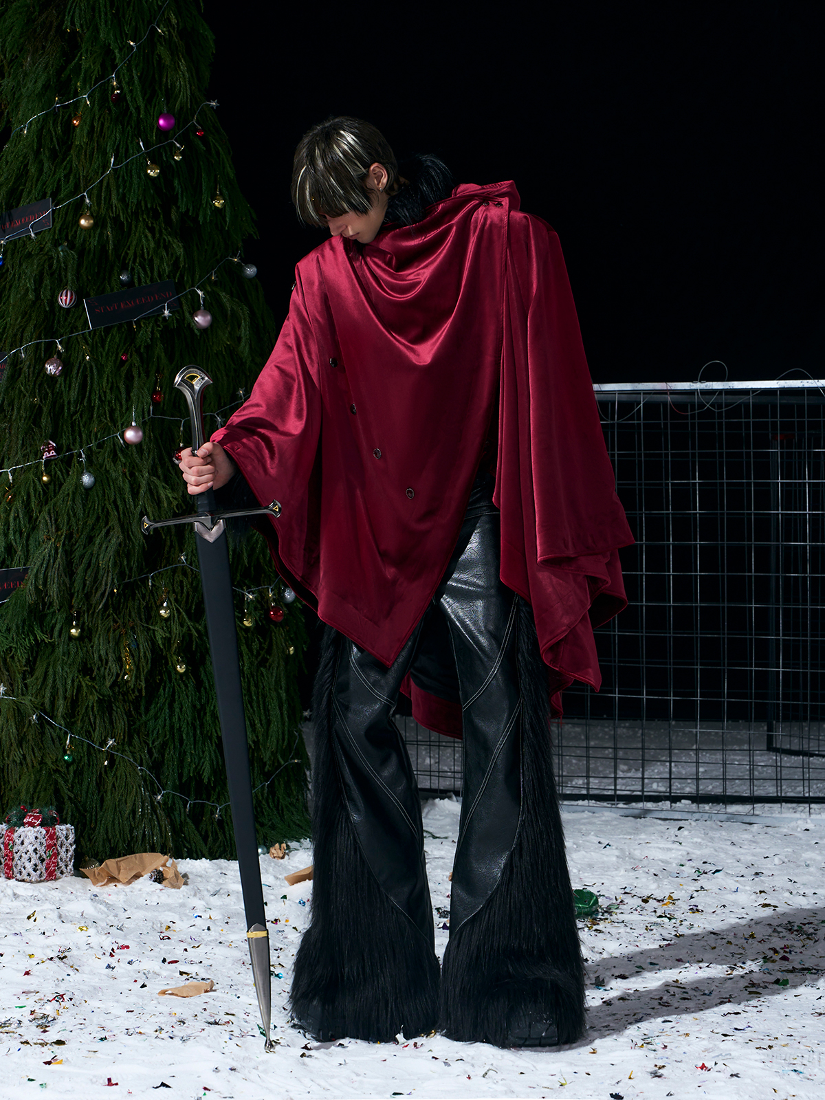 WARHORSE EMBROIDERED VELVET HOODED CLOAK-BURGUNDY