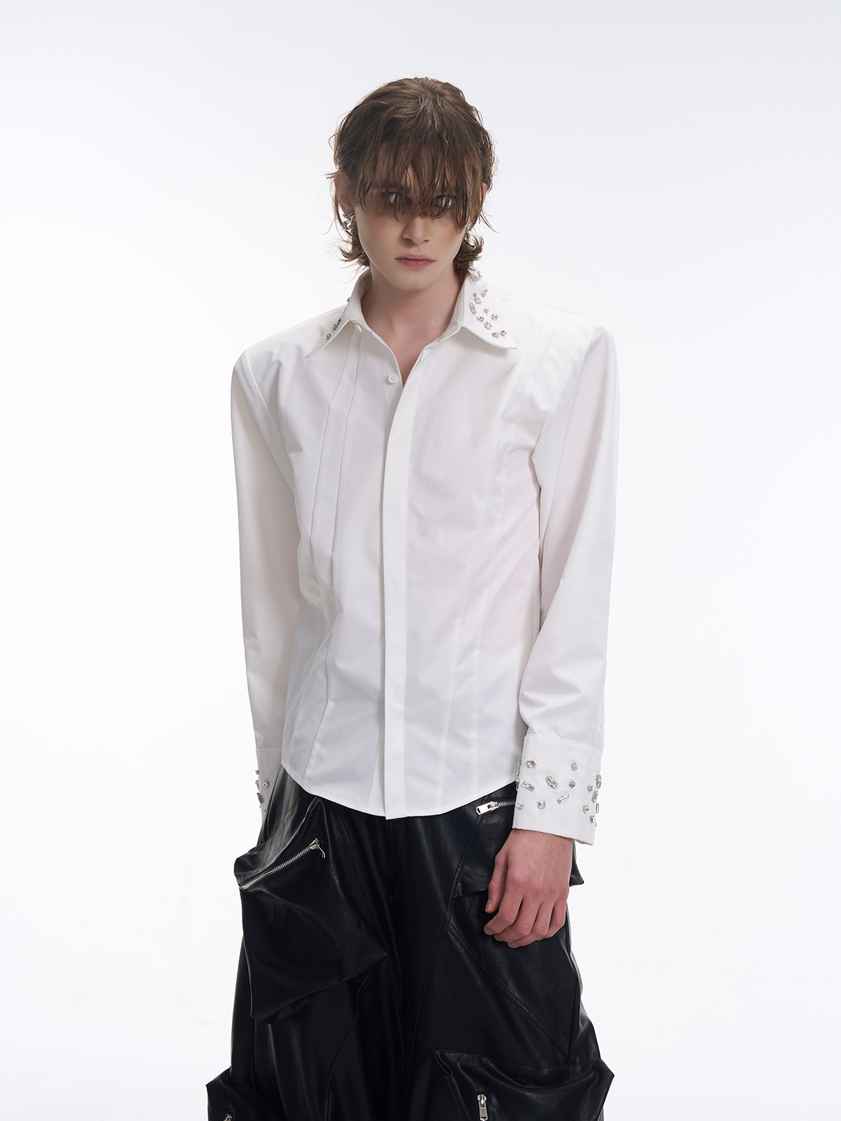 CRYSTAL COLLAR & CUFF CONCEALED PLACKET SHIRT - WHITE-START EXCEED END