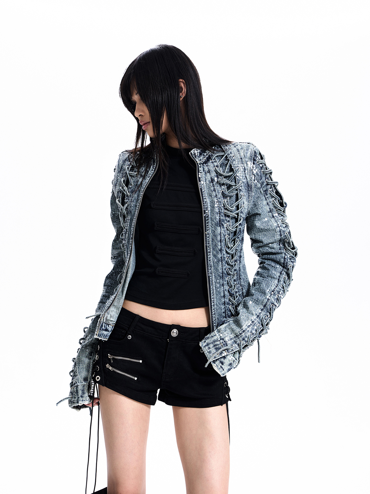 EMBELLISHED LACE-UP DENIM JACKET-BLUE