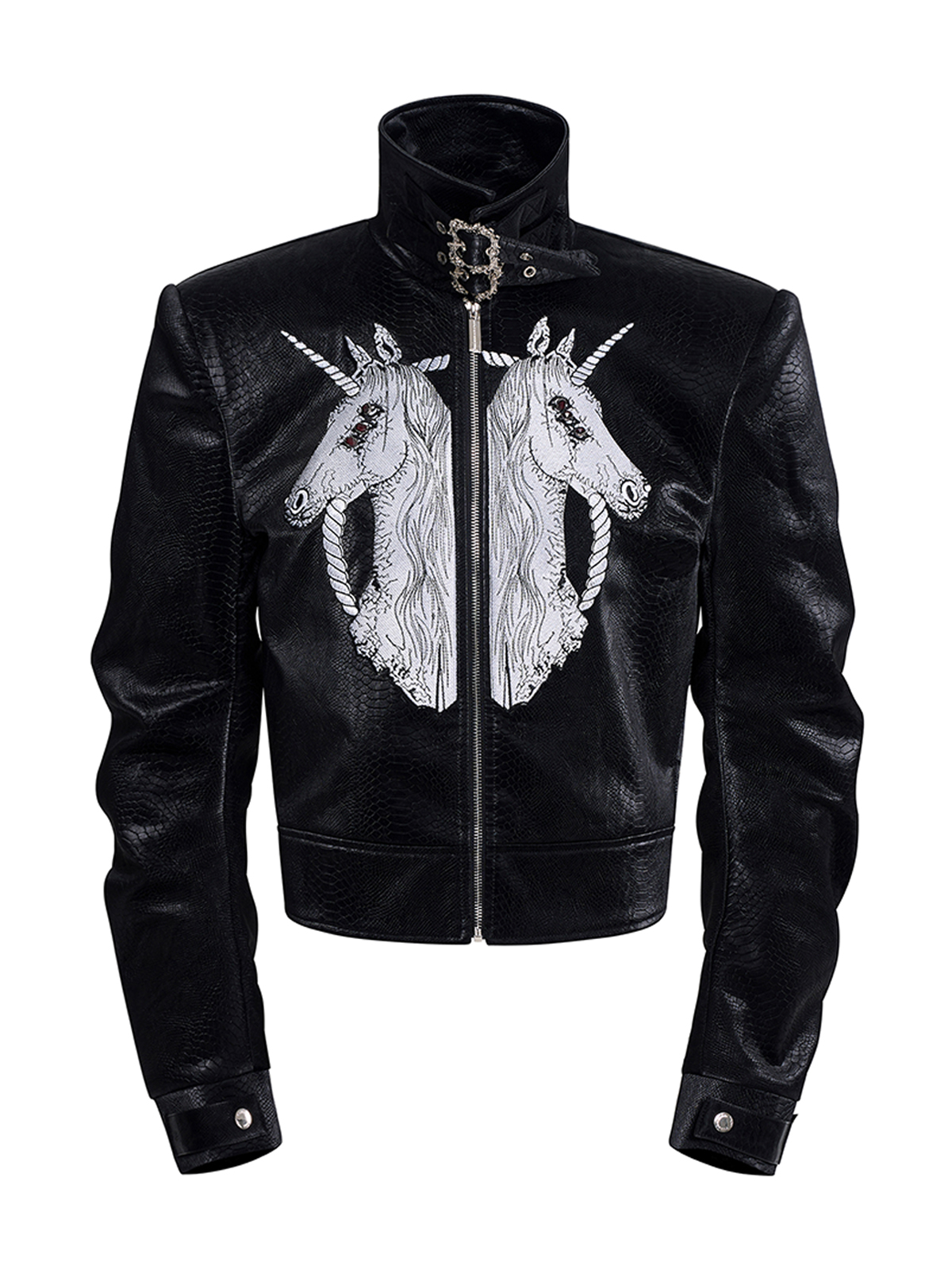 EMBROIDERED UNICORN STAND COLLAR LEATHER JACKET
