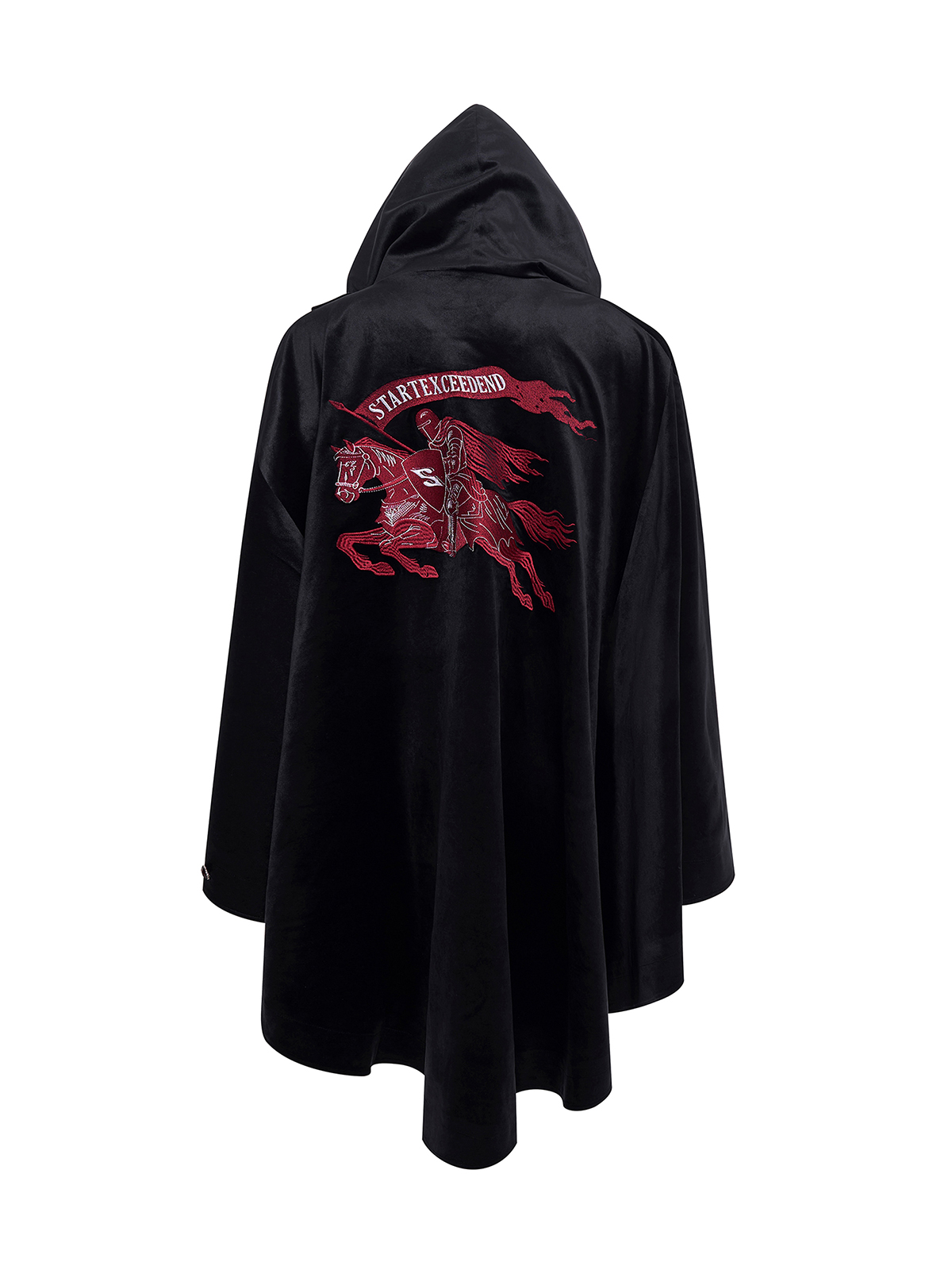 WARHORSE EMBROIDERED VELVET HOODED CLOAK-BLACK