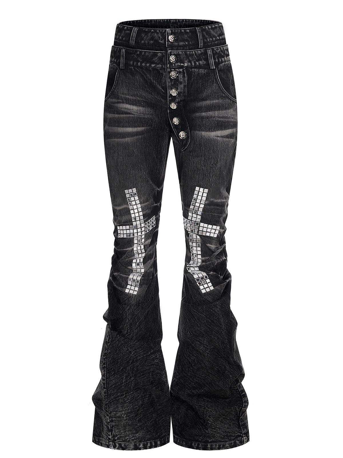 WASHED BLACK MOSAIC CROSS DOUBLE WAISTBAND STACKED JEANS