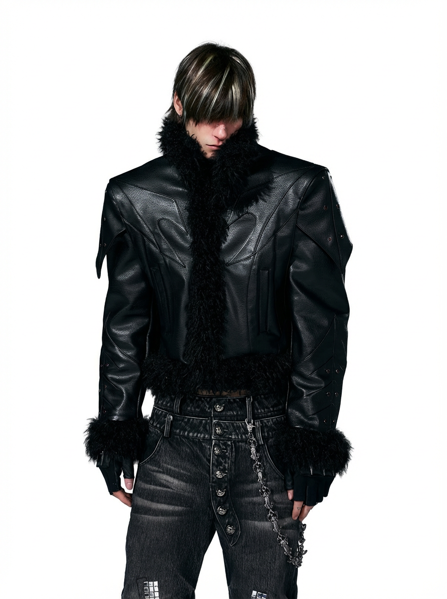 DECONSTRUCTED FUR-TRIM PADDED LEATHER JACKET