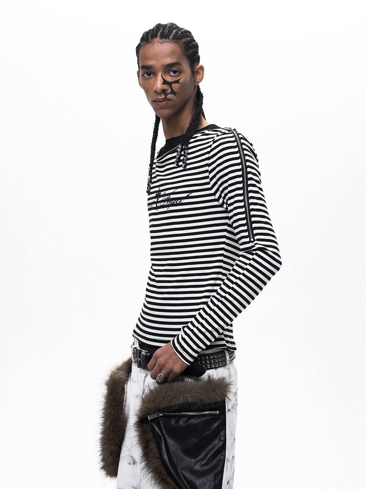 DECONSTRUCTED ZIP MOCK LAYER LONG SLEEVE-STRIPED
