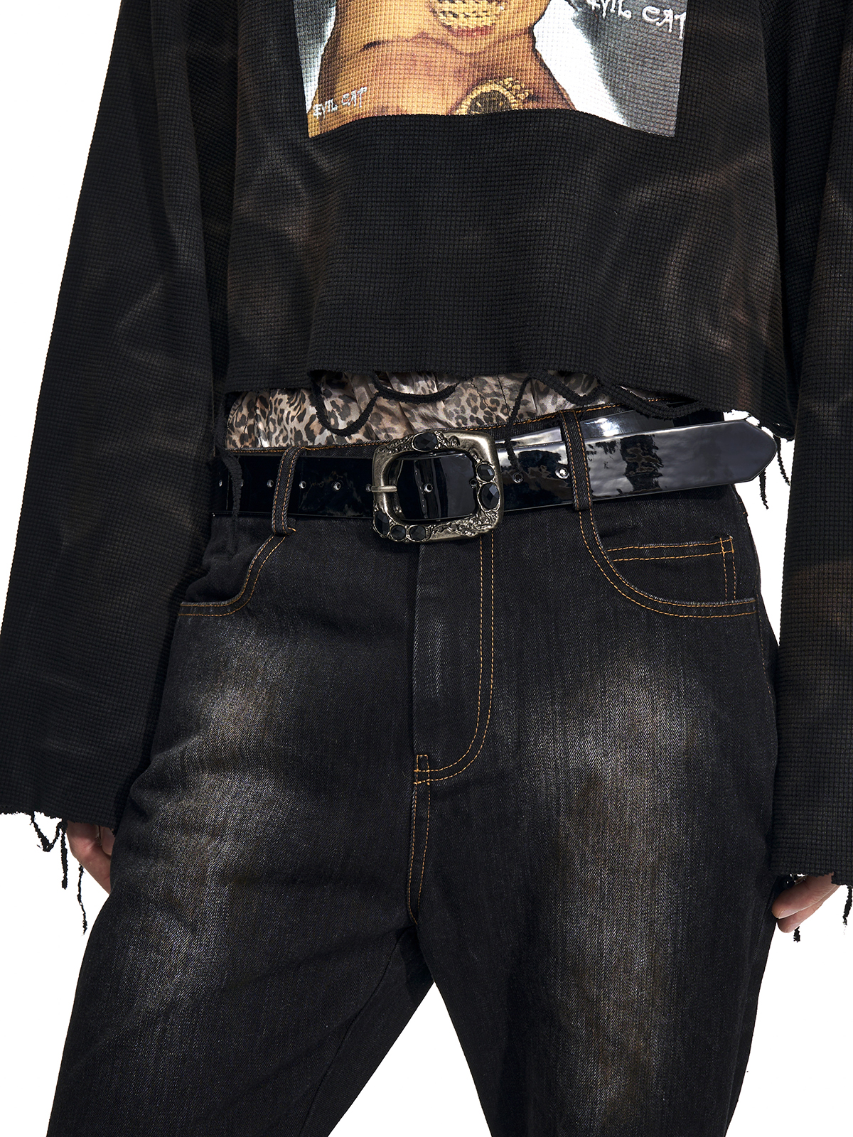 VINTAGE GEMSTONE BUCKLE LEATHER BELT-BLACK