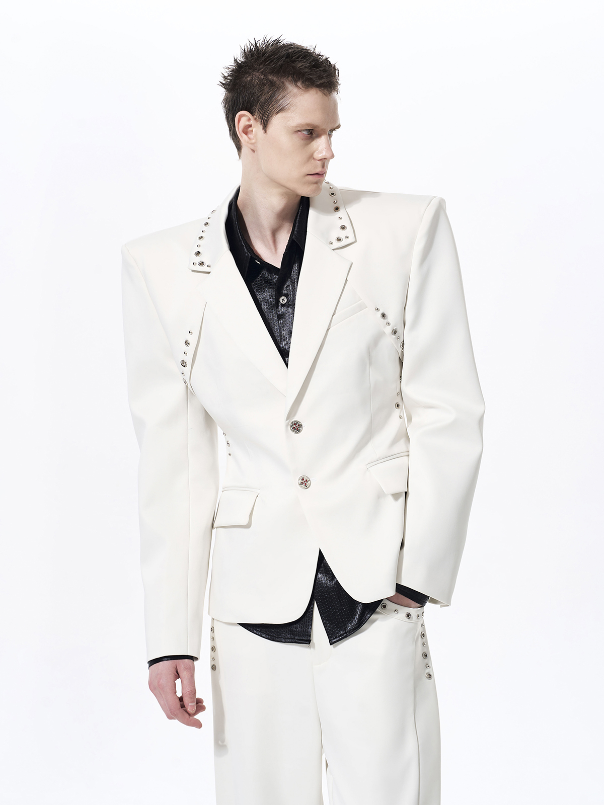 DECONSTRUCTED CINCHED WAIST SUIT SET-WHITE