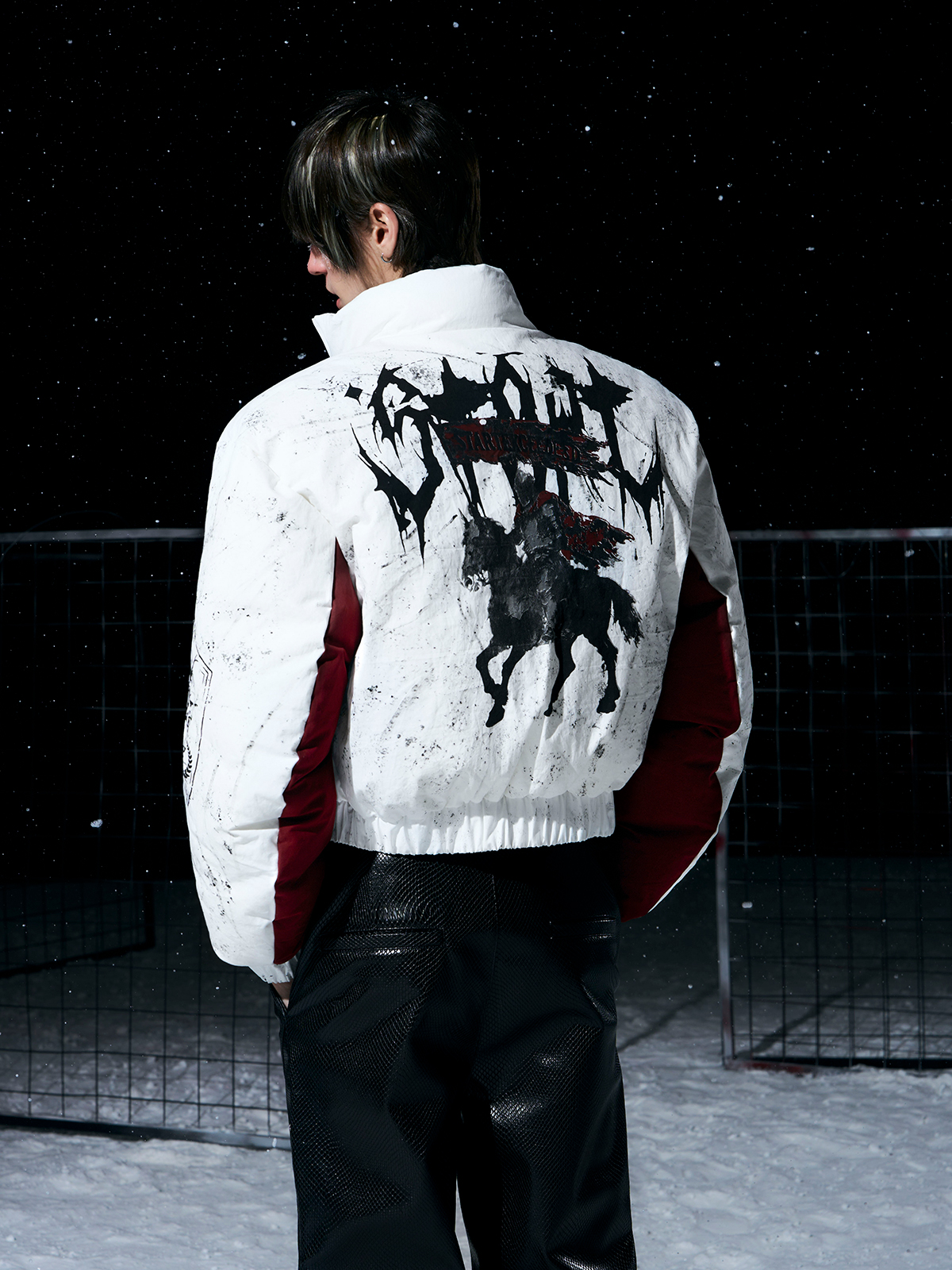 WHITE & BURGUNDY GRAFFITI SPLATTER BOMBER WITH KNIGHT PRINT