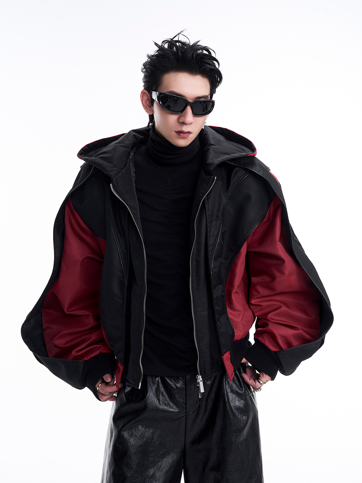 CONTRAST RED BATWING SLEEVE HOODED BOMBER-START EXCEED END