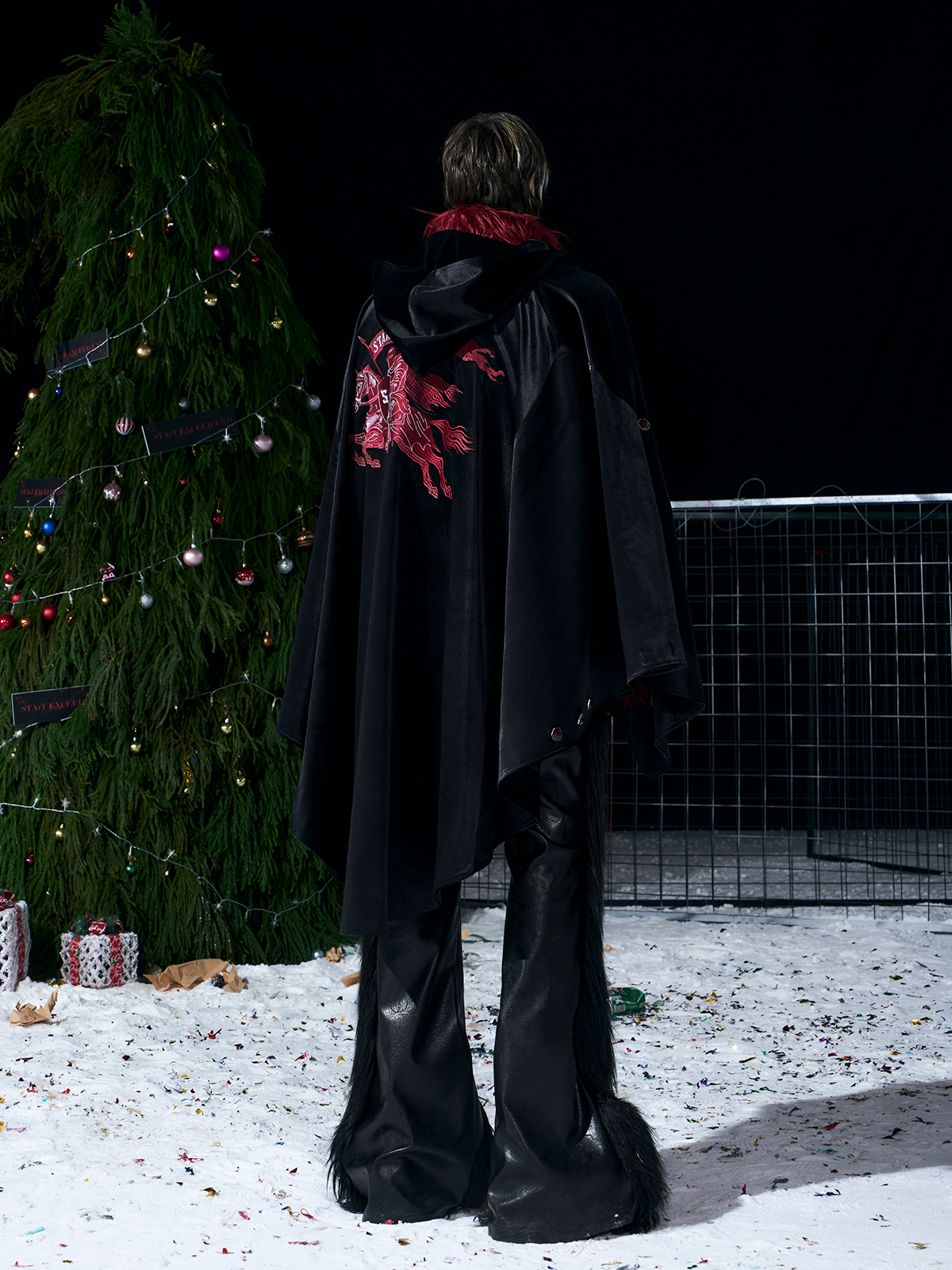 WARHORSE EMBROIDERED VELVET HOODED CLOAK-BLACK