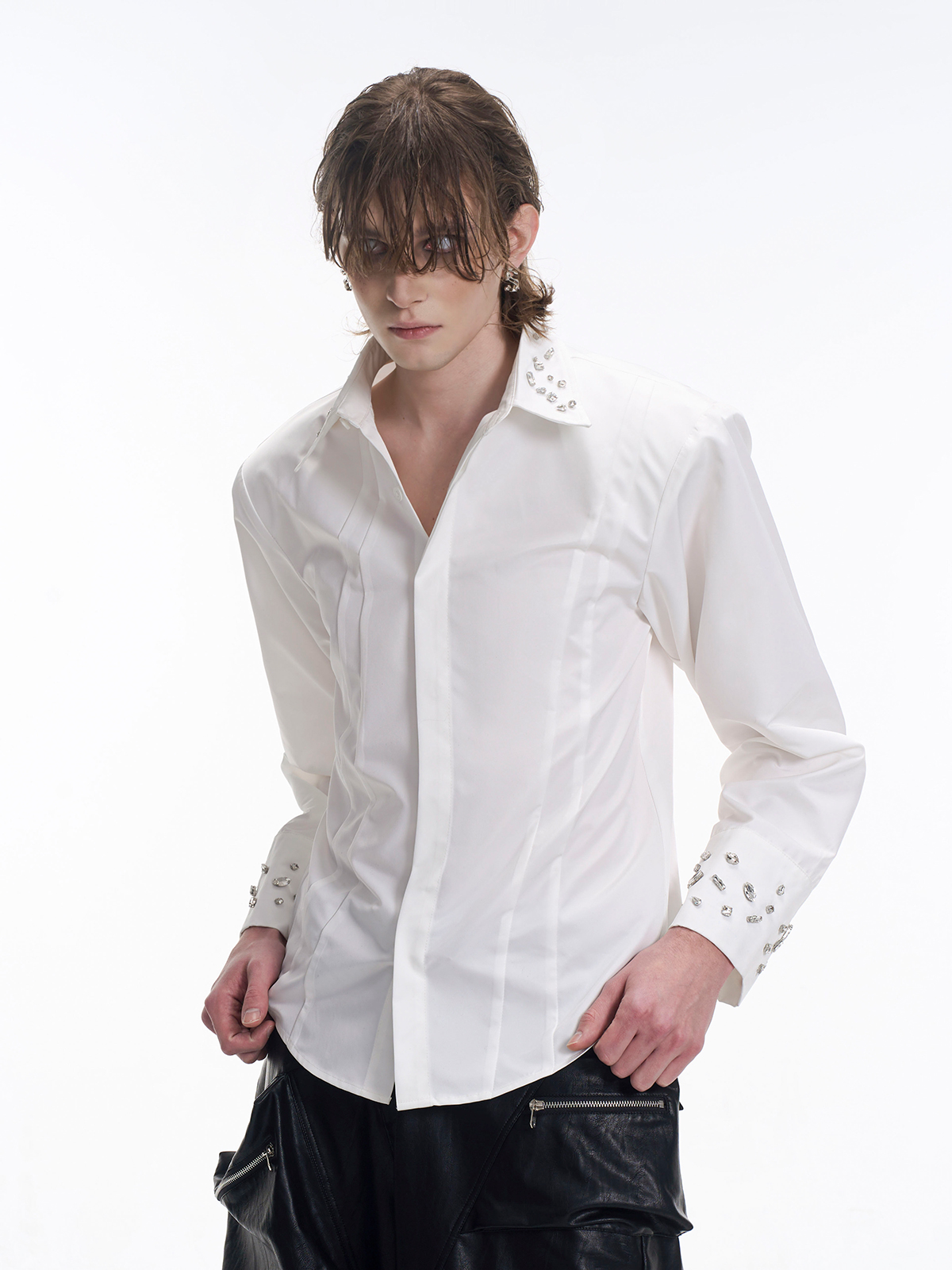 CRYSTAL COLLAR & CUFF CONCEALED PLACKET SHIRT - WHITE-START EXCEED END