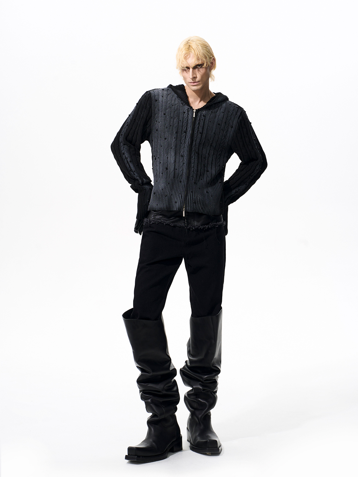 WASHED BEADED CABLE KNIT HOODIE-START EXCEED END