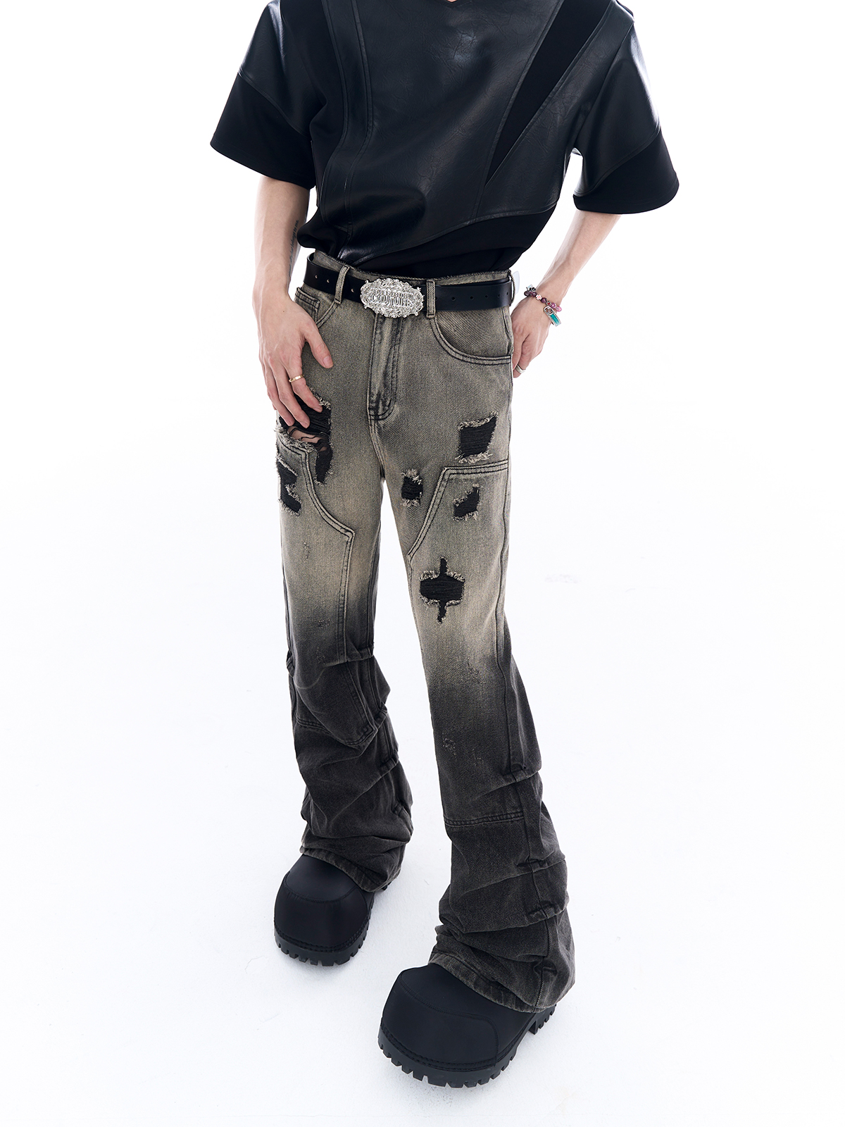 GRADIENT DIRTY WASH DISTRESSED STACKED FLARE JEANS-START EXCEED END