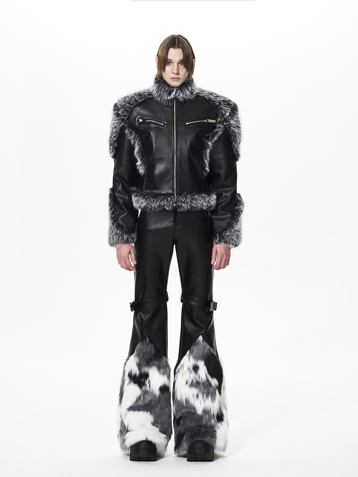 FAUX FUR SPLICED BUCKLE STRAP FLARED LEATHER PANTS
