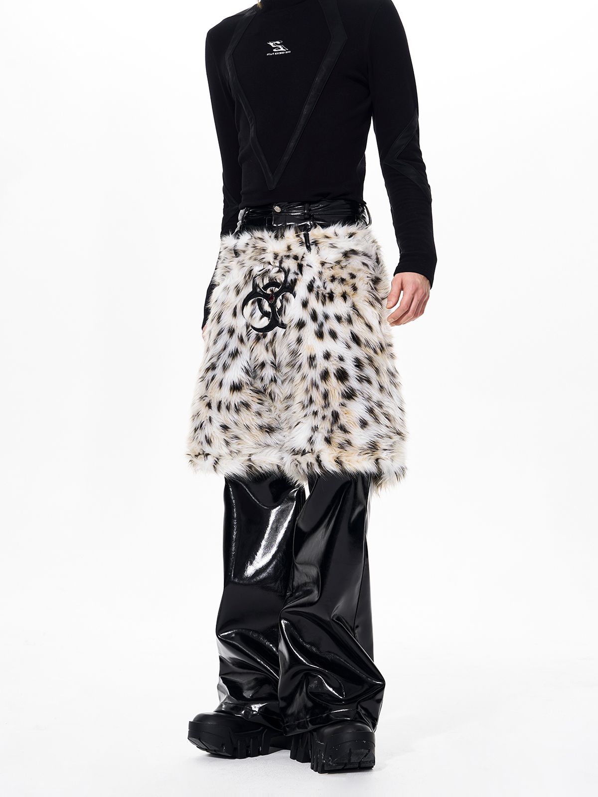 LEOPARD FUR LAYERED PATENT LEATHER FLARED PANTS