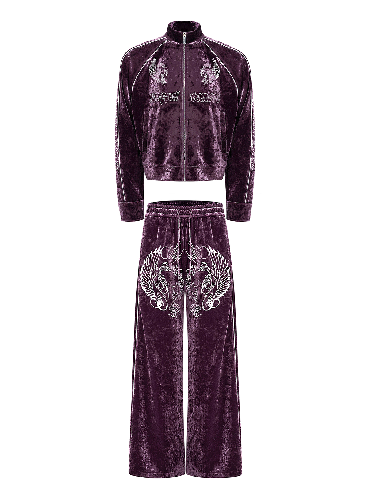 CRUSHED VELVET EMBROIDERED TRACKSUIT SET-PLUM PURPLE