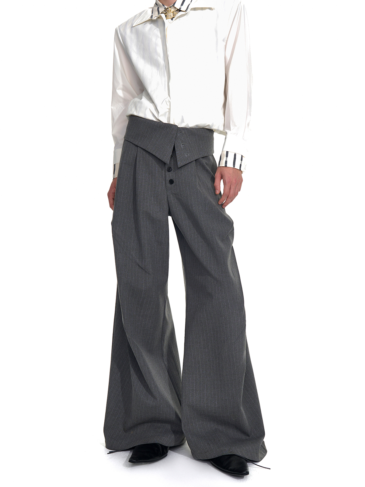 FOLD-OVER WAIST PINSTRIPE WIDE-LEG TROUSERS-GREY