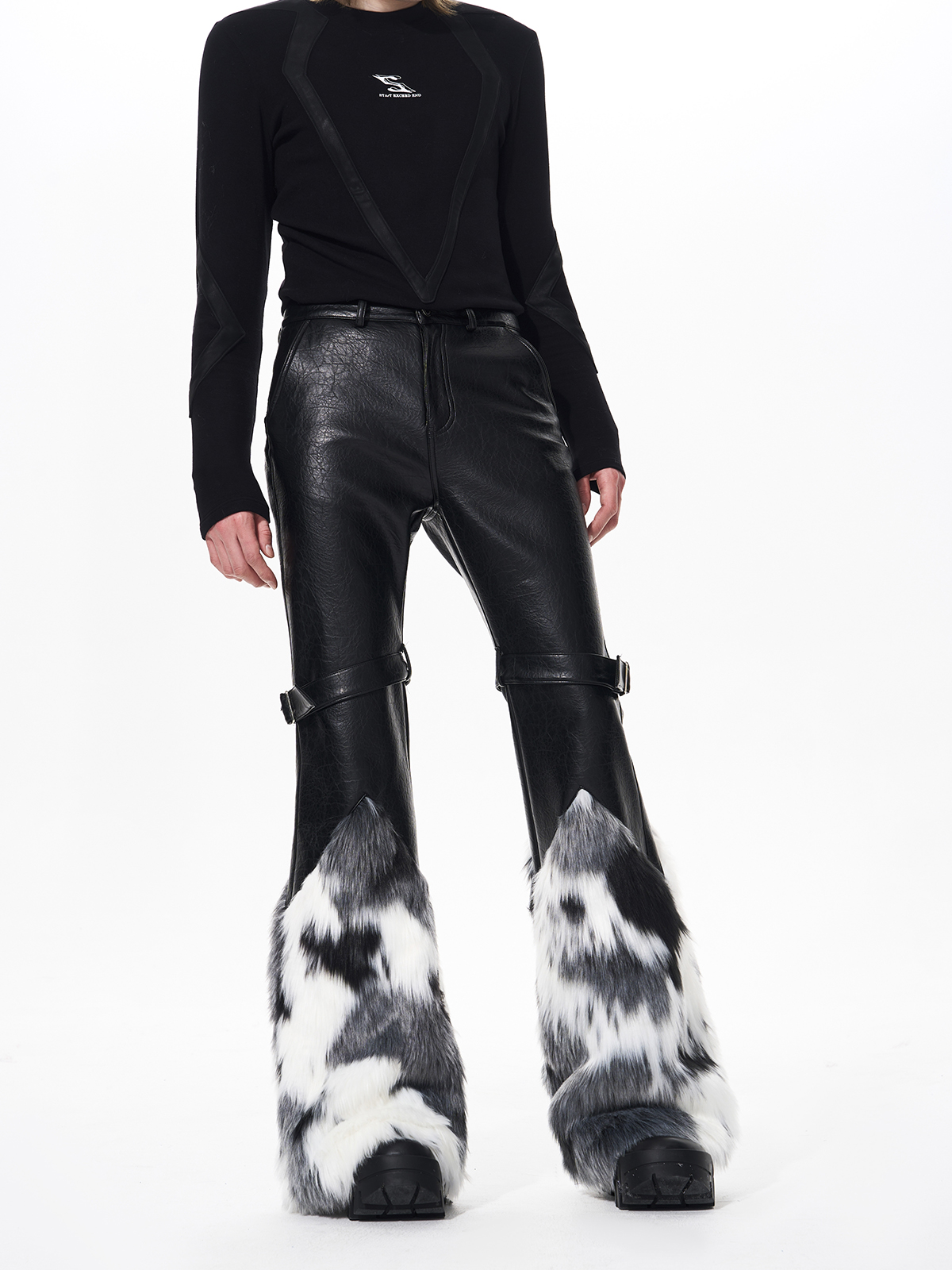 FAUX FUR SPLICED BUCKLE STRAP FLARED LEATHER PANTS