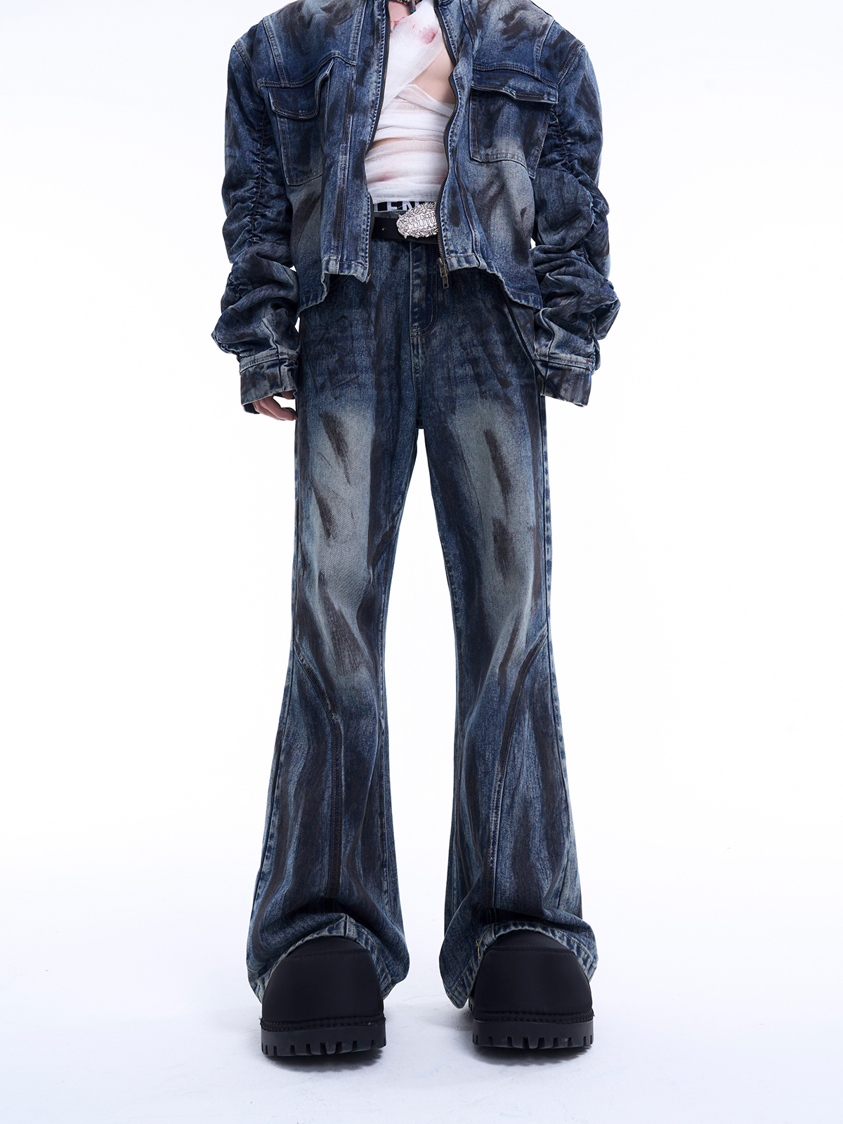 MUD WASH RUCHED DENIM JACKET & FLARED JEANS SET-START EXCEED END