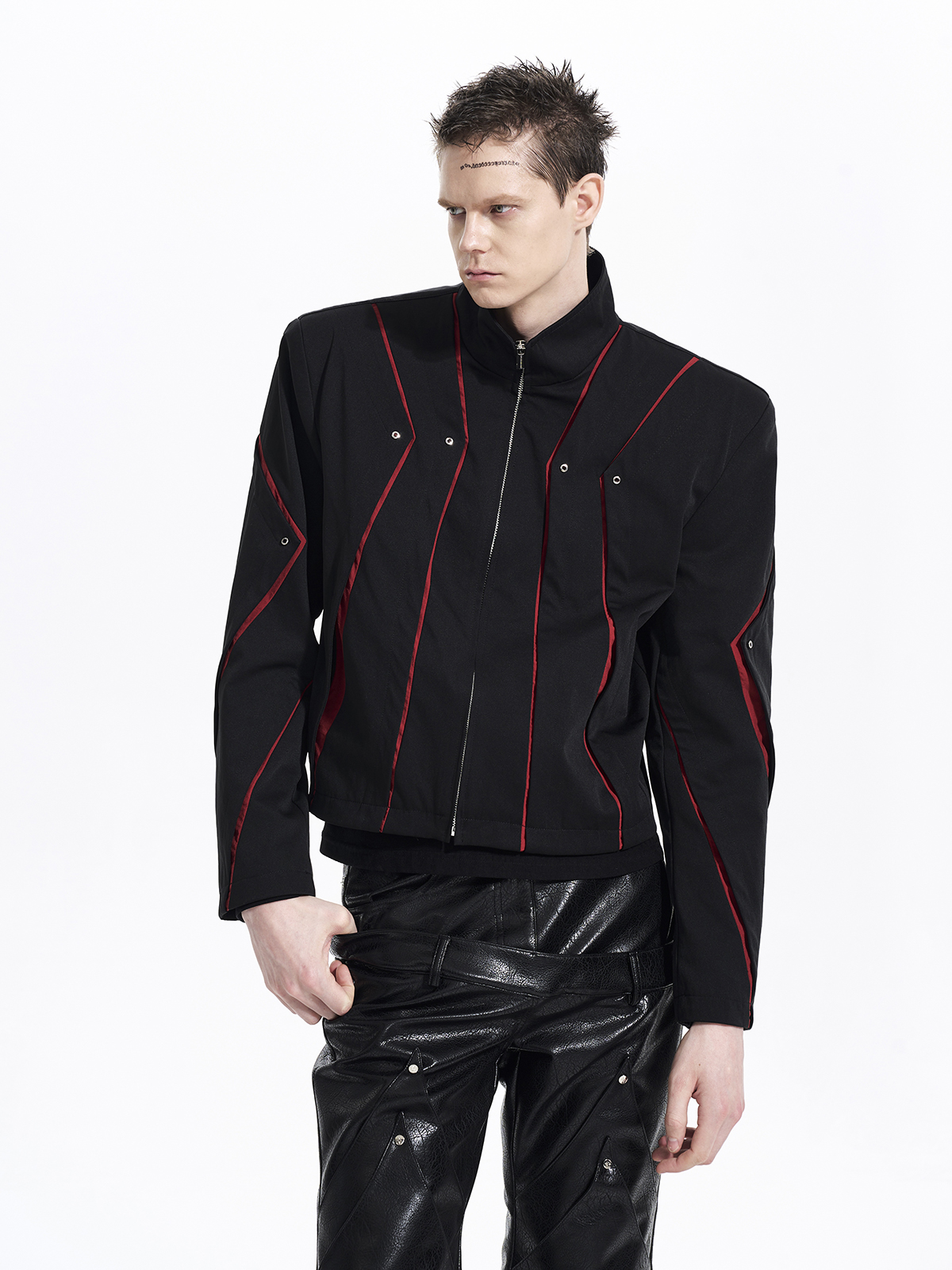GEOMETRIC PANELED STAND COLLAR JACKET