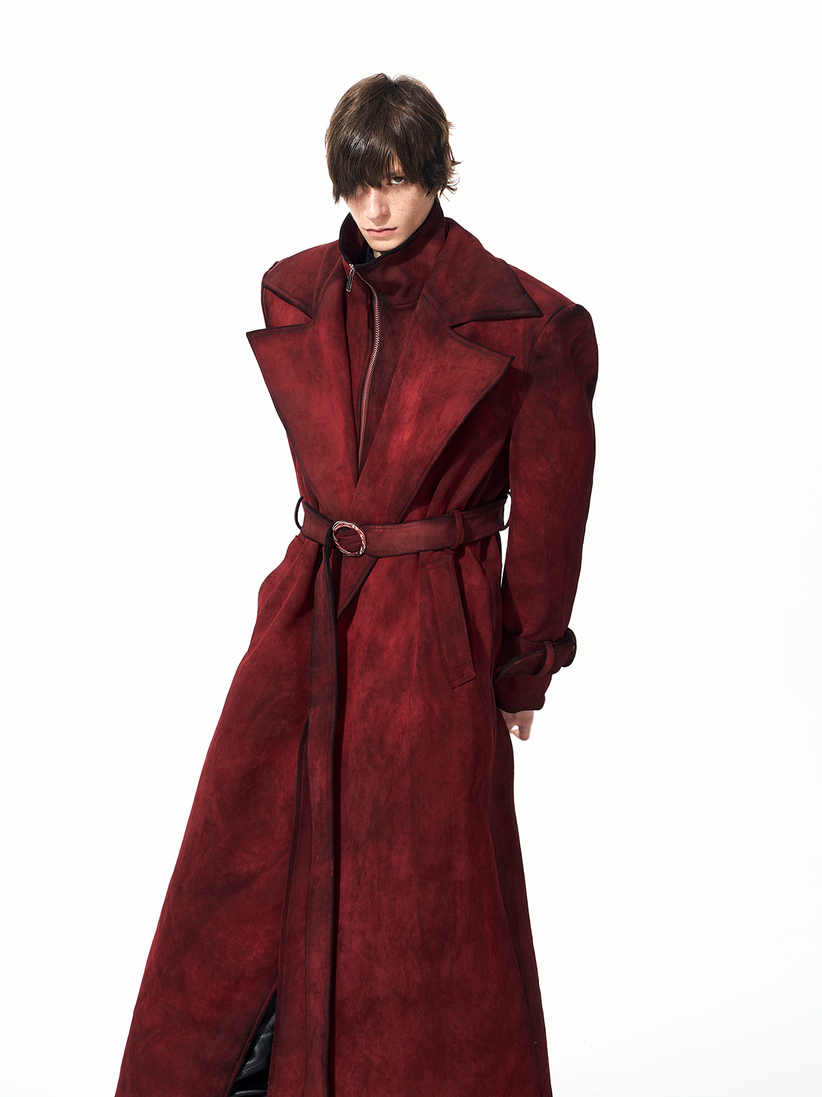 BLOOD RED DISTRESSED SUEDE BELTED TRENCH COAT-START EXCEED END