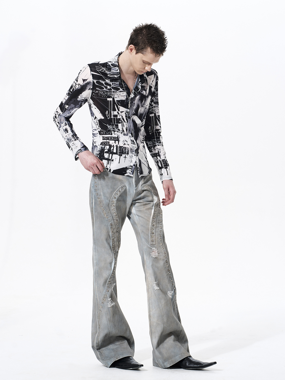 CLASSICAL FIGURE PRINT SHEER MESH SHIRT