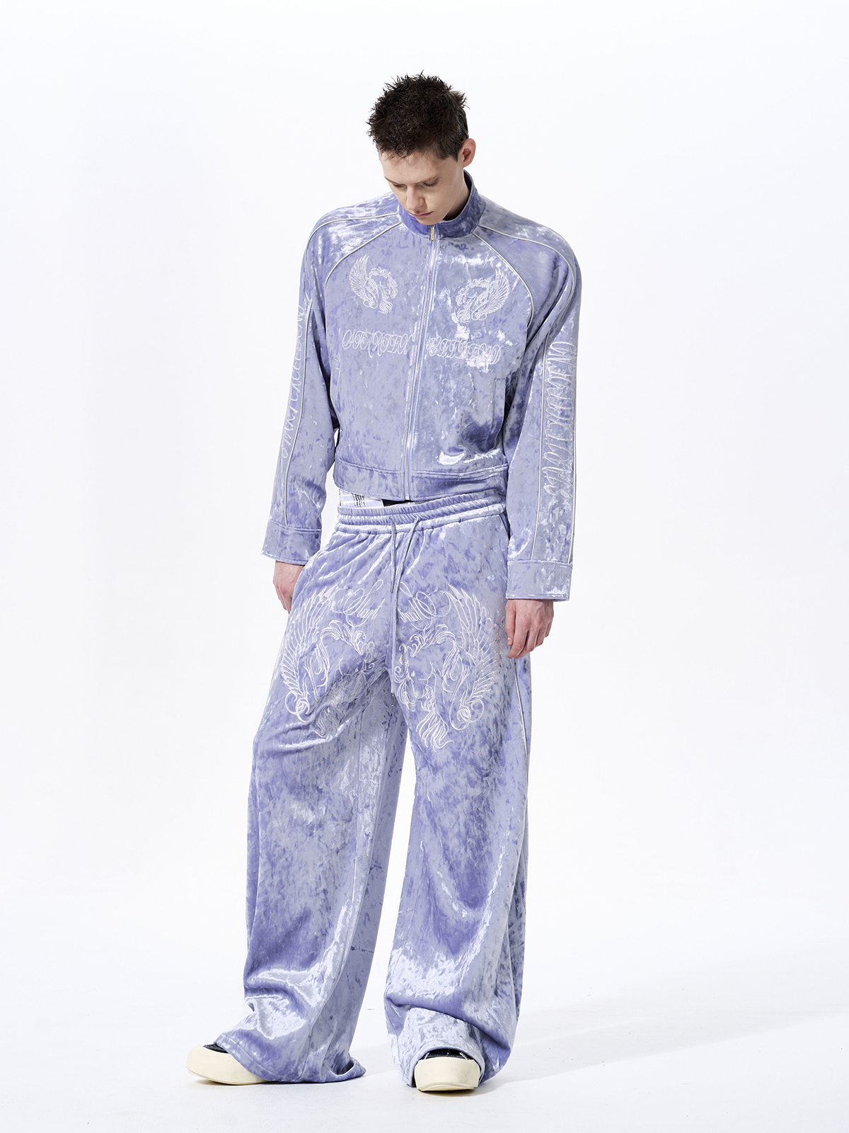 CRUSHED VELVET EMBROIDERED TRACKSUIT SET-LAVENDER