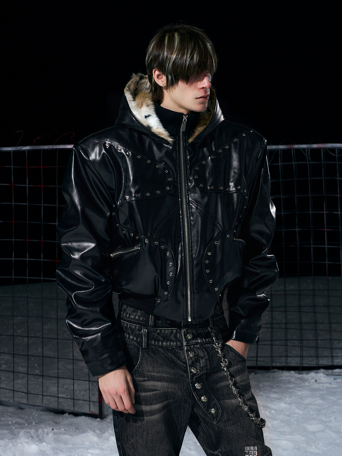 STUDDED FAUX LEATHER BOMBER WITH FUR-LINED HOOD