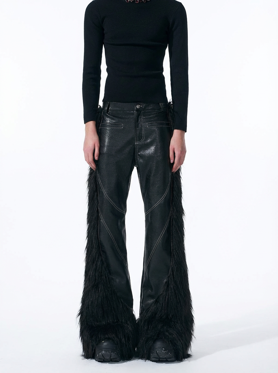 FAUX FUR SIDE-PANEL MICRO-FLARE LEATHER PANTS
