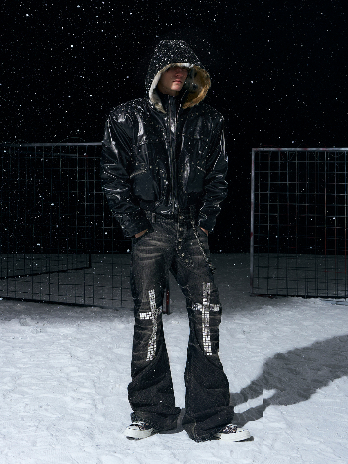 STUDDED FAUX LEATHER BOMBER WITH FUR-LINED HOOD