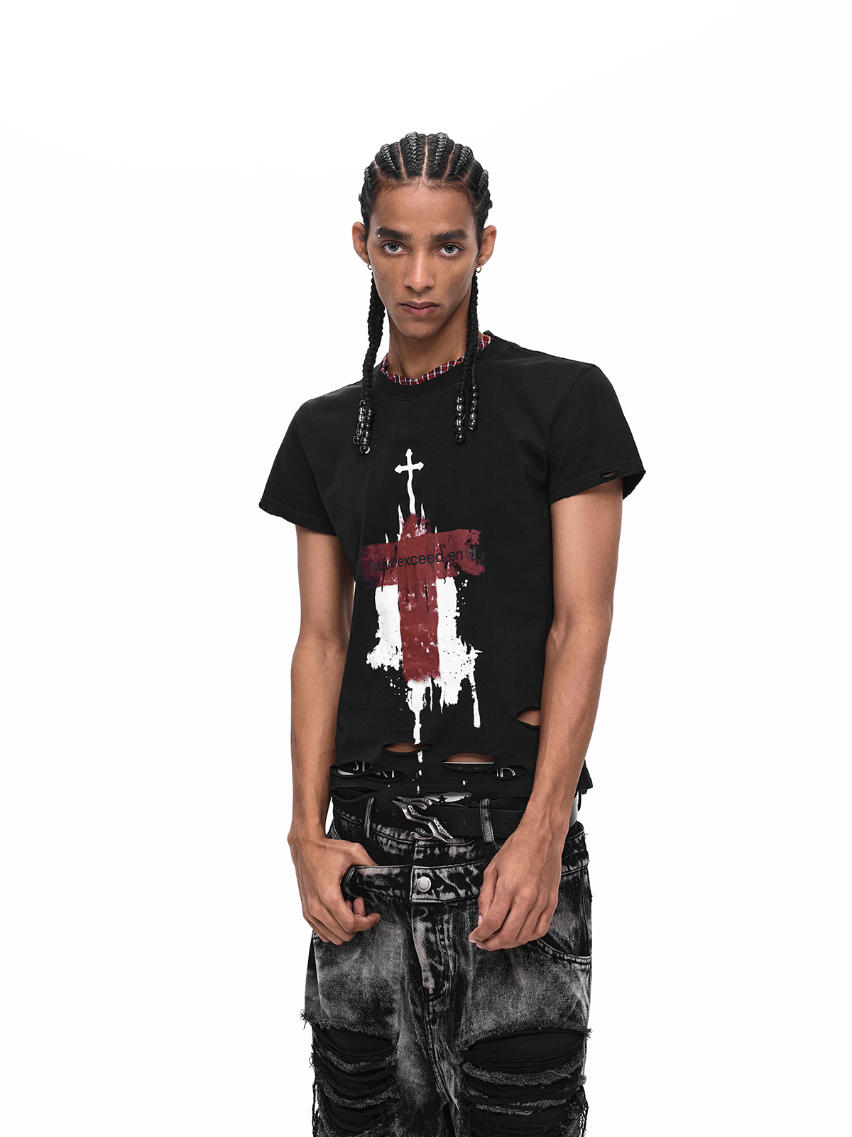 DISTRESSED GOTHIC CROSS PLAID-COLLAR TEE